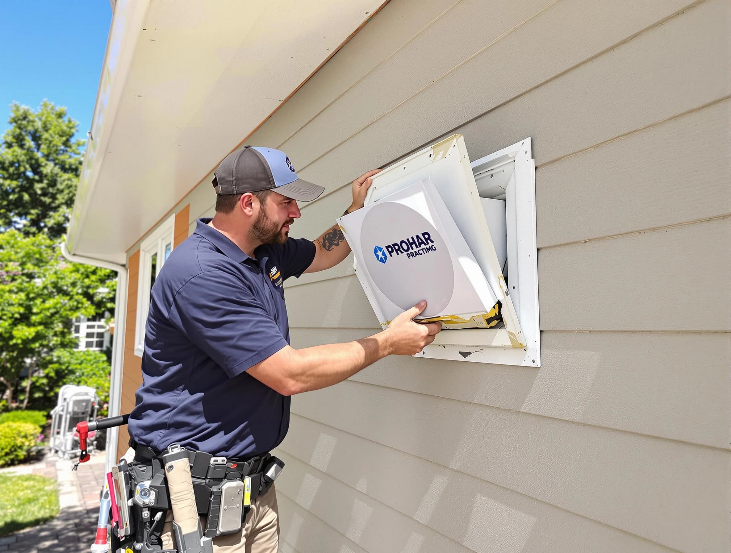 Avondale Estates Dryer Vent Cleaning technician installing a new protective dryer vent cover on a home in Avondale Estates