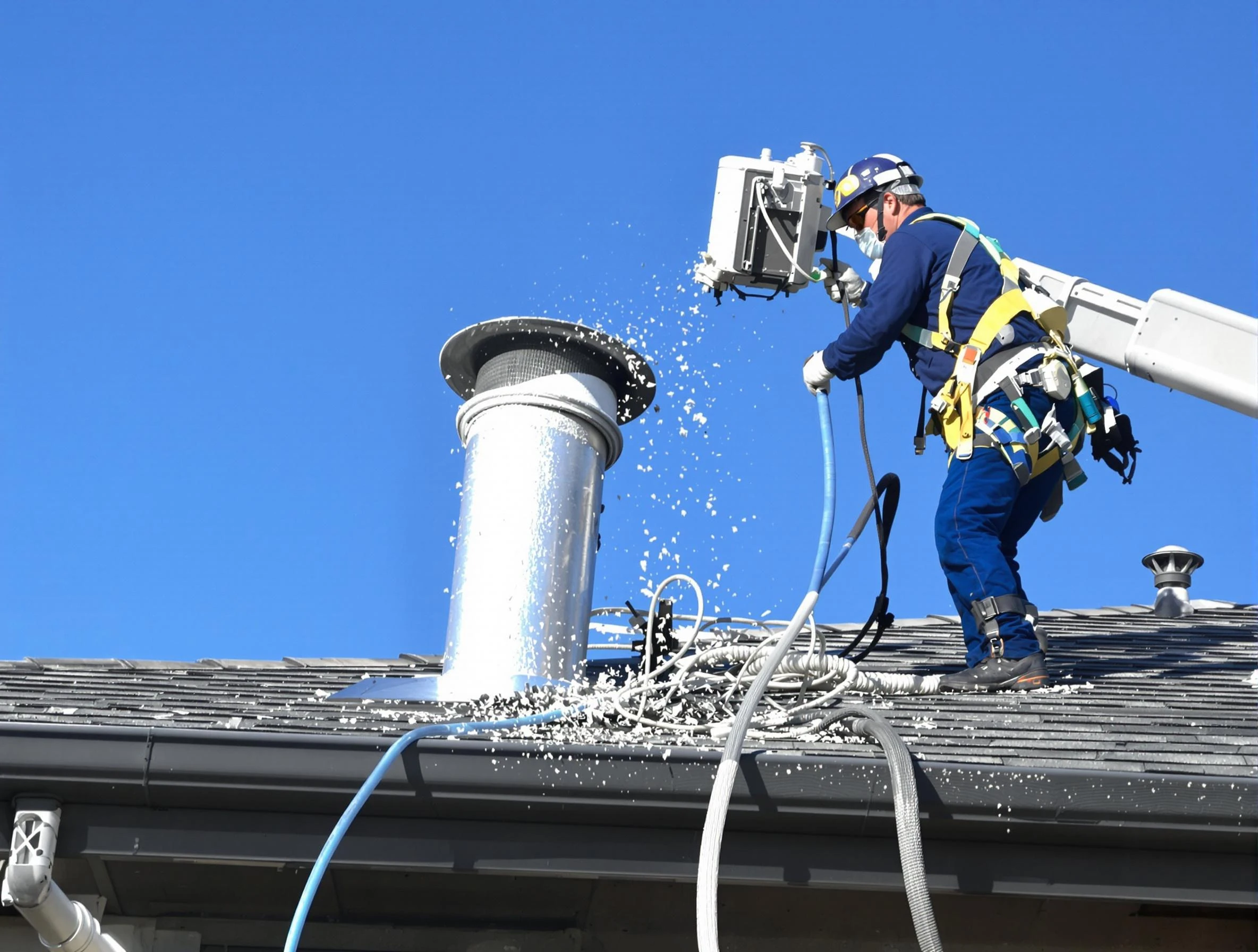 Avondale Estates Dryer Vent Cleaning certified technician safely cleaning a roof-mounted dryer vent in Avondale Estates
